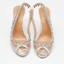 Pre Owned Aquazzura Silver PVC And Leather Temptation Crystal Sandals Size 39.5