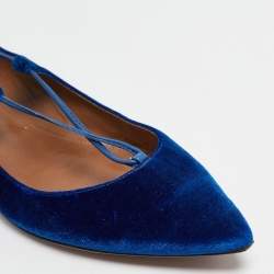 Pre Owned Aquazzura Blue Velvet Christy Ankle Tie Ballet Flats Size 38.5