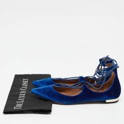 Pre Owned Aquazzura Blue Velvet Christy Ankle Tie Ballet Flats Size 38.5