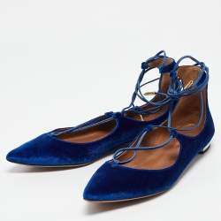 Pre Owned Aquazzura Blue Velvet Christy Ankle Tie Ballet Flats Size 38.5