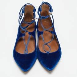 Pre Owned Aquazzura Blue Velvet Christy Ankle Tie Ballet Flats Size 38.5