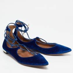 Pre Owned Aquazzura Blue Velvet Christy Ankle Tie Ballet Flats Size 38.5