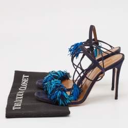Pre Owned Aquazzura Blue Suede Wild Thing Fringe Ankle Strap Sandals Size 39.5