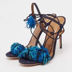 Pre Owned Aquazzura Blue Suede Wild Thing Fringe Ankle Strap Sandals Size 39.5