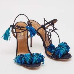 Pre Owned Aquazzura Blue Suede Wild Thing Fringe Ankle Strap Sandals Size 39.5