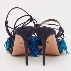 Pre Owned Aquazzura Blue Suede Wild Thing Fringe Ankle Strap Sandals Size 39.5