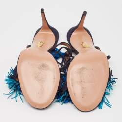 Pre Owned Aquazzura Blue Suede Wild Thing Fringe Ankle Strap Sandals Size 39.5