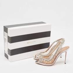 Pre Owned Aquazzura Silver Leather and PVC Crystal Temptation Slingback Sandals Size 38.5