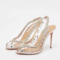Pre Owned Aquazzura Silver Leather and PVC Crystal Temptation Slingback Sandals Size 38.5