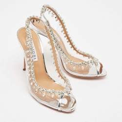Pre Owned Aquazzura Silver Leather and PVC Crystal Temptation Slingback Sandals Size 38.5