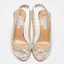 Pre Owned Aquazzura Silver Leather and PVC Crystal Temptation Slingback Sandals Size 38.5