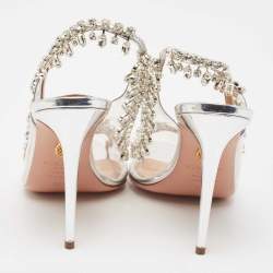 Pre Owned Aquazzura Silver Leather and PVC Crystal Temptation Slingback Sandals Size 38.5