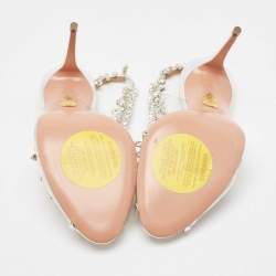 Pre Owned Aquazzura Silver Leather and PVC Crystal Temptation Slingback Sandals Size 38.5