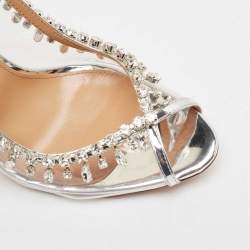 Pre Owned Aquazzura Silver Leather and PVC Crystal Temptation Slingback Sandals Size 38.5