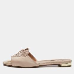 Aquazzura Pink Satin Crystal Embellished Flat Slides Size 38