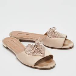 Aquazzura Pink Satin Crystal Embellished Flat Slides Size 38