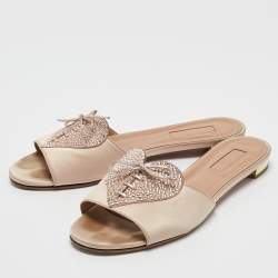 Aquazzura Pink Satin Crystal Embellished Flat Slides Size 38