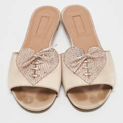 Aquazzura Pink Satin Crystal Embellished Flat Slides Size 38