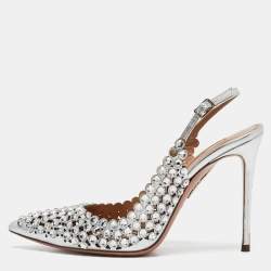 Aquazzura Silver Leather Tequila Crystal Slingback Pumps Size 36.5
