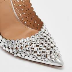Pre Owned Aquazzura Silver Leather Tequila Crystal Slingback Pumps Size 36.5
