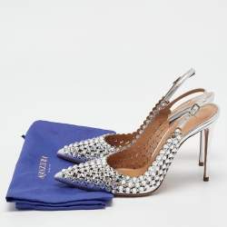Pre Owned Aquazzura Silver Leather Tequila Crystal Slingback Pumps Size 36.5