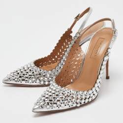 Pre Owned Aquazzura Silver Leather Tequila Crystal Slingback Pumps Size 36.5
