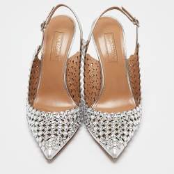 Pre Owned Aquazzura Silver Leather Tequila Crystal Slingback Pumps Size 36.5