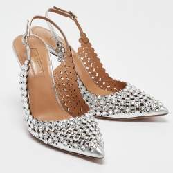 Pre Owned Aquazzura Silver Leather Tequila Crystal Slingback Pumps Size 36.5