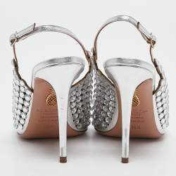 Pre Owned Aquazzura Silver Leather Tequila Crystal Slingback Pumps Size 36.5