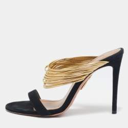 Aquazzura Black/Gold Suede and Leather Rendez Vous Sandals Size 36