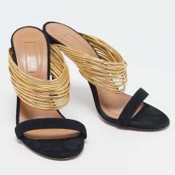 Aquazzura Black/Gold Suede and Leather Rendez Vous Sandals Size 36