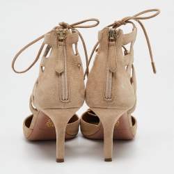 Pre Owned Aquazzura Beige Suede Belgravia Lace Up Pointed Toe Pumps 37.5