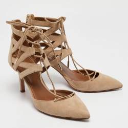 Pre Owned Aquazzura Beige Suede Belgravia Lace Up Pointed Toe Pumps 37.5