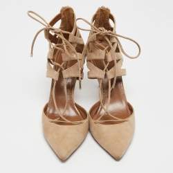 Pre Owned Aquazzura Beige Suede Belgravia Lace Up Pointed Toe Pumps 37.5