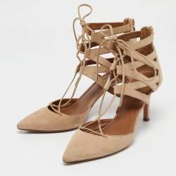 Pre Owned Aquazzura Beige Suede Belgravia Lace Up Pointed Toe Pumps 37.5