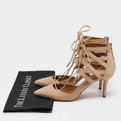 Pre Owned Aquazzura Beige Suede Belgravia Lace Up Pointed Toe Pumps 37.5