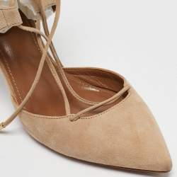 Pre Owned Aquazzura Beige Suede Belgravia Lace Up Pointed Toe Pumps 37.5