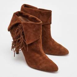Aquazzura Brown Suede Fringe Detail Ankle Length Boots Size 38.5