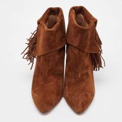 Aquazzura Brown Suede Fringe Detail Ankle Length Boots Size 38.5