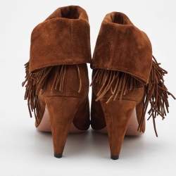 Aquazzura Brown Suede Fringe Detail Ankle Length Boots Size 38.5