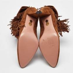 Aquazzura Brown Suede Fringe Detail Ankle Length Boots Size 38.5