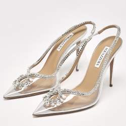 Pre Owned Aquazzura Silver/Transparent Leather and PVC Seduction Pumps Size 40.5