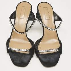 Pre Owned Aquazzura Black Suede Crystal Embellished Slide Sandals Size 37.5