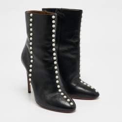 Pre Owned Aquazzura Black Leather Follie Pearls Ankle Boots Size 38.5