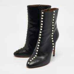 Pre Owned Aquazzura Black Leather Follie Pearls Ankle Boots Size 38.5