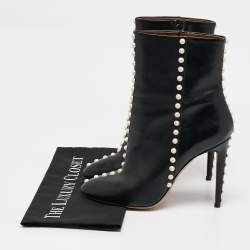 Pre Owned Aquazzura Black Leather Follie Pearls Ankle Boots Size 38.5