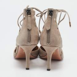 Pre Owned Aquazzura Beige Suede Belgravia Lace Up Pointed Toe Pumps 37.5