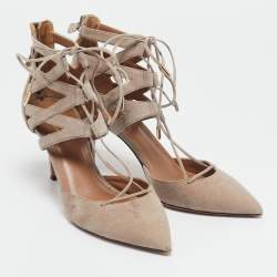 Pre Owned Aquazzura Beige Suede Belgravia Lace Up Pointed Toe Pumps 37.5