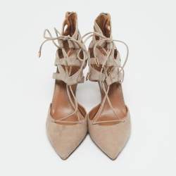 Pre Owned Aquazzura Beige Suede Belgravia Lace Up Pointed Toe Pumps 37.5