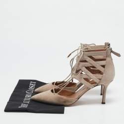 Pre Owned Aquazzura Beige Suede Belgravia Lace Up Pointed Toe Pumps 37.5